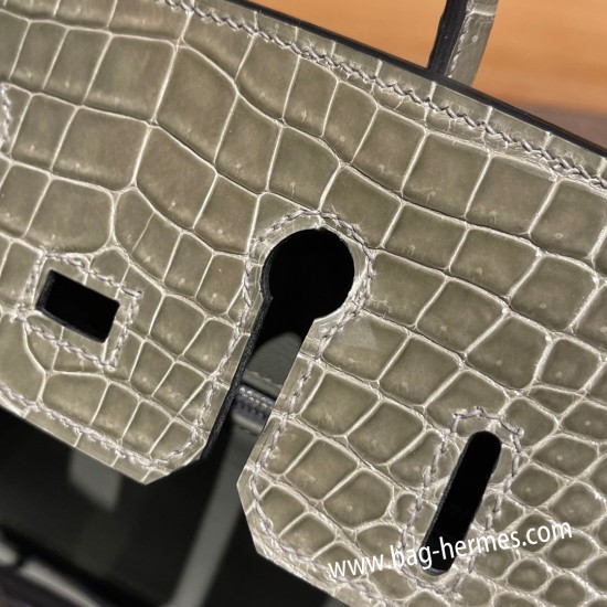 エルメスバーキン 25センチポロサスマットporous Crocodile 81/Gris Tourterelle トゥルティエールグレーシルバー金具 全手縫いbirkin25-002