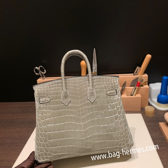 エルメスバーキン 25センチニロティカス Crocodile Niloticus81/Gris Tourterelle トゥルティエールグレーゴールド金具  全手縫いbirkin25-009