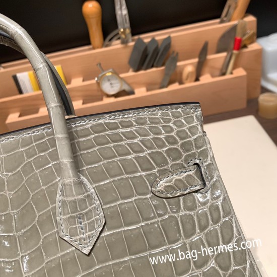 エルメスバーキン 25センチニロティカス Crocodile Niloticus81/Gris Tourterelle トゥルティエールグレーゴールド金具  全手縫いbirkin25-009