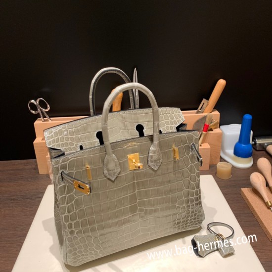 エルメスバーキン 25センチニロティカス Crocodile Niloticus81/Gris Tourterelle トゥルティエールグレーゴールド金具  全手縫いbirkin25-009