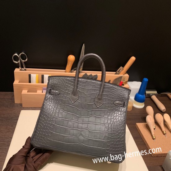 エルメスバーキン 25センチMatte アリゲーターマット Alligator Crocodile 88/Graphite  グラファイトシルバー金具 全手縫いbirkin25-013