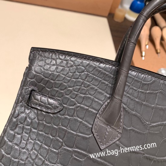 エルメスバーキン 25センチMatte アリゲーターマット Alligator Crocodile 88/Graphite  グラファイトシルバー金具 全手縫いbirkin25-013