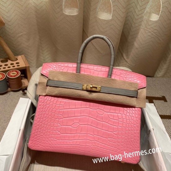 エルメスバーキン 25センチアリゲーターマット Alligator Crocodile 5P/Pink & 80/Pearl GreyピンクX パールグレーゴールド金具  全手縫いbirkin25-014