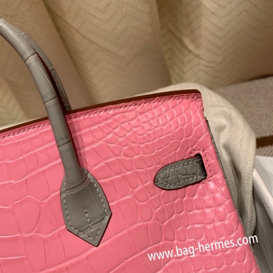 エルメスバーキン 25センチアリゲーターマット Alligator Crocodile 5P/Pink & 80/Pearl GreyピンクX パールグレーゴールド金具  全手縫いbirkin25-014