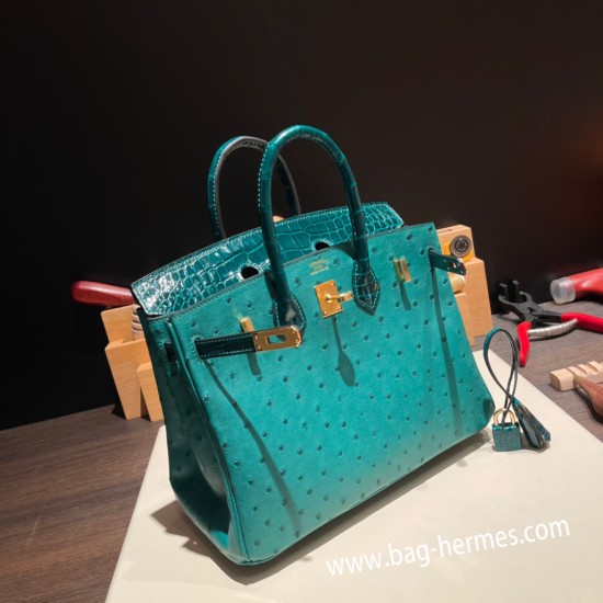 エルメスバーキン 25センチオーストリッチ Ostrich Z6/MalachiteマラカイトX 6Q Vert Emeraudeゴールド金具  全手縫いbirkin25-019