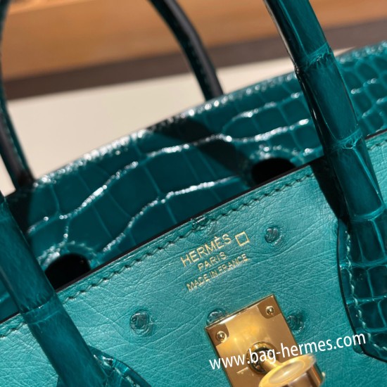 エルメスバーキン 25センチオーストリッチ Ostrich Z6/MalachiteマラカイトX 6Q Vert Emeraudeゴールド金具  全手縫いbirkin25-019