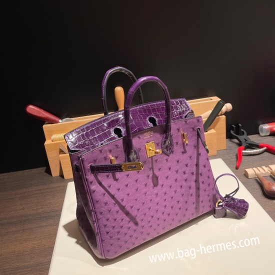 エルメスバーキン 25センチオーストリッチ Ostrich &Crocodile Anemone アネモネx カシスN5ゴールド金具  全手縫いbirkin25-020