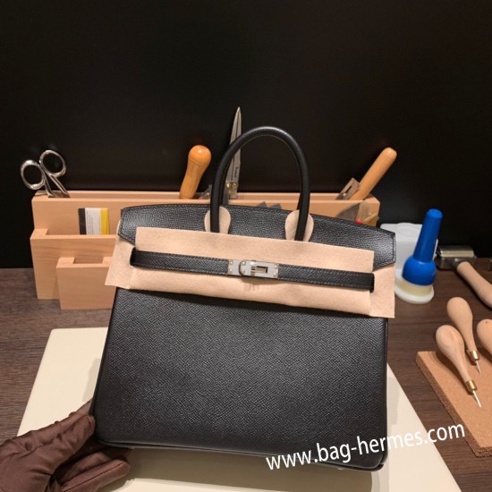 エルメスバーキン 25センチヴォーエプソン Epsom 89/ Black ブラックシルバー金具 全手縫いbirkin25-043