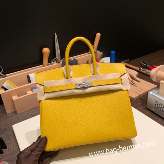 エルメスバーキン 25センチヴォーエプソン Epsom 9D /Jaune Ambre ジョーヌアンブル シルバー金具 全手縫いbirkin25-046