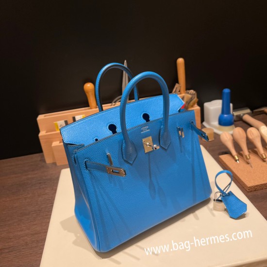 エルメスバーキン 25センチシェブルミゾル  Chevre ブルーフリーダ0F /Blue Frida シルバー金具 全手縫いbirkin25-168