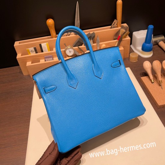 エルメスバーキン 25センチシェブルミゾル  Chevre ブルーフリーダ0F /Blue Frida シルバー金具 全手縫いbirkin25-168