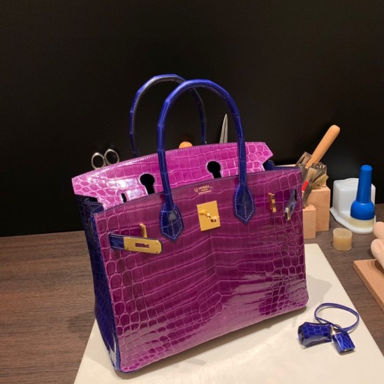 エルメスバーキン 30センチポロサスマットporous Crocodile アネモネxブルーエレクトリックP9 /Anemone& 7T /Blue Electricゴールド金具 birkin30-002 全手縫い