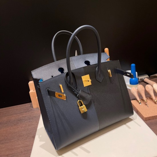 エルメスバーキン 30センチCasaque ブラックxブルーフリーダxブルーインディゴゴールド金具 birkin30-023 全手縫い