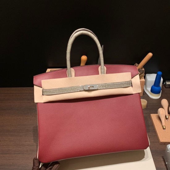 エルメスバーキン 35センチ evercolor& chamois  55/ Rouge H & 81 /Gris Tourterelle ルージュアッシュ x トゥルティエールグレー シルバー金具  birkin35-007 全手縫い