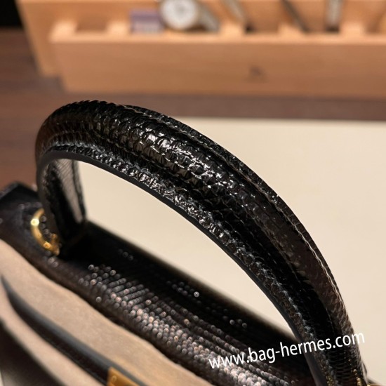 エルメス ケリー25cm  外縫い Lizard  ブラック 89 /Black (Noir) ゴールド金具  kelly25-006 全手縫い