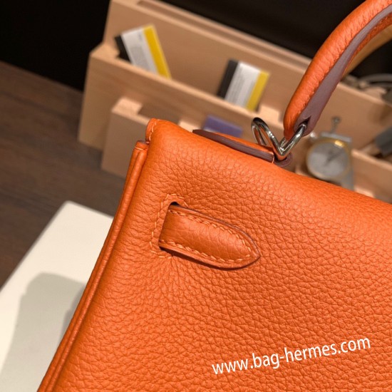 エルメス ケリー25cm togo トゴ  オレンジ 93 /Orange シルバー金具  kelly25-041 全手縫い