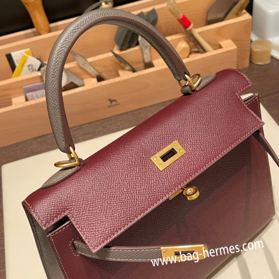 エルメス ケリー25cm 外縫い ヴォーエプソン Epsom  ボルドー 57/ Bordeaux & エタン 8F/ Etain ゴールド金具  kelly25-052 全手縫い