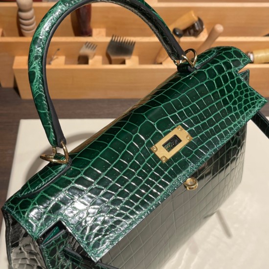 エルメス ケリー 28cm Kelly 28cm  Shiny Crocodile  ヴェールフォンセ 67 /Vert Fonce  ゴールド金具  kelly28-009 全手縫い