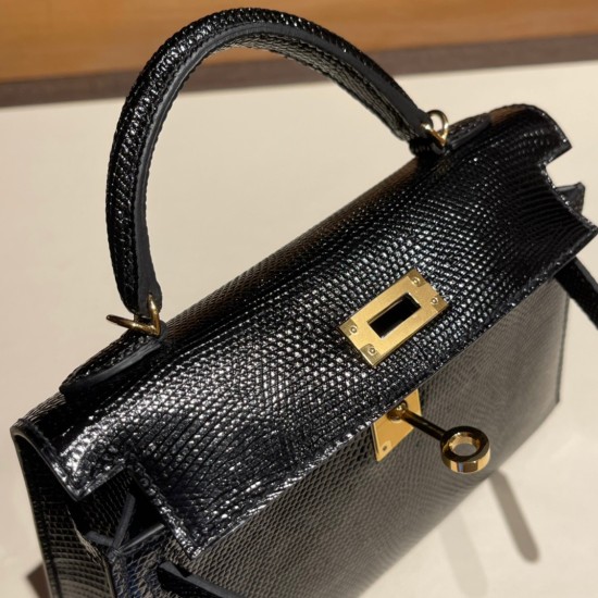 エルメスケリーミニ Kelly bag miniMini Kelly New stock  リザードナチュラ ブラック 89 /Black (Noir) ゴールド金具   kellymini-003 全手縫い