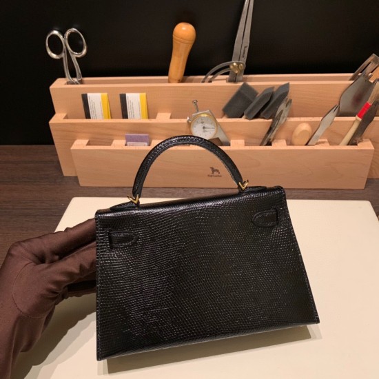 エルメスケリーミニ Kelly bag miniMini Kelly New stock  リザードナチュラ ブラック 89 /Black (Noir) ゴールド金具   kellymini-005 全手縫い