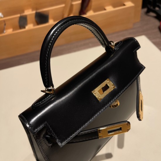 エルメスケリーミニ Kelly bag miniMini Kelly New stock  box  ボックスカーフ ブラック 89/ Black ゴールド金具   kellymini-009 全手縫い