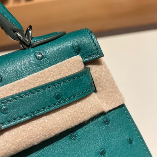 エルメスケリーミニ Kelly bag miniMini Kelly New stock  オーストリッチ ostrich ヴェールヴェルティゴ U4 /Vert Vertigo シルバー金具 kellymini-013 全手縫い