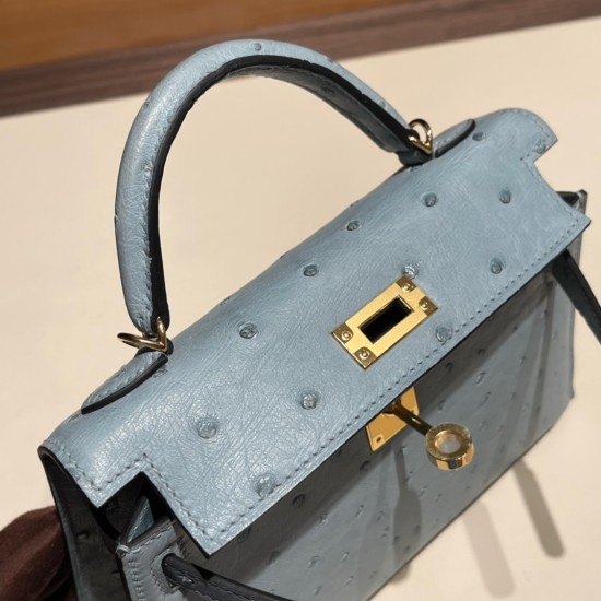 エルメスケリーミニ Kelly bag miniMini Kelly New stock  オーストリッチ ostrich ブルーラン J7 /Blue Lin   ゴールド金具   kellymini-019 全手縫い