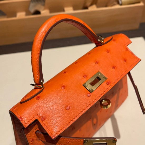 エルメスケリーミニ Kelly bag miniMini Kelly New stock  オーストリッチ ostrich オレンジ 93 /Orange ゴールド金具 kellymini-025 全手縫い