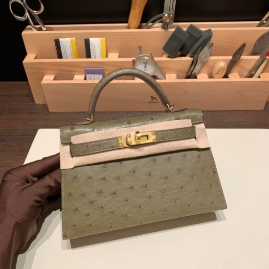 エルメスケリーミニ Kelly bag miniMini Kelly New stock  オーストリッチ ostrich セージ Q1 /Sauge    ゴールド金具 kellymini-027 全手縫い