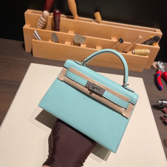 エルメスケリーミニ Kelly bag miniMini Kelly New stock  シェブルミゾル  Chevre アクア 79 /Aqua シルバー金具 kellymini-029 全手縫い