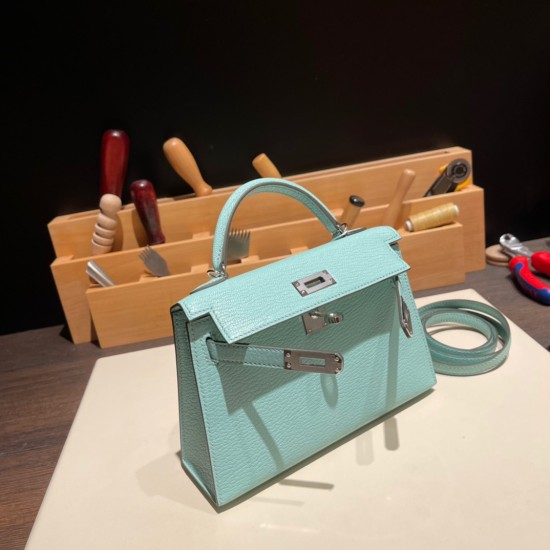 エルメスケリーミニ Kelly bag miniMini Kelly New stock  シェブルミゾル  Chevre アクア 79 /Aqua シルバー金具 kellymini-029 全手縫い