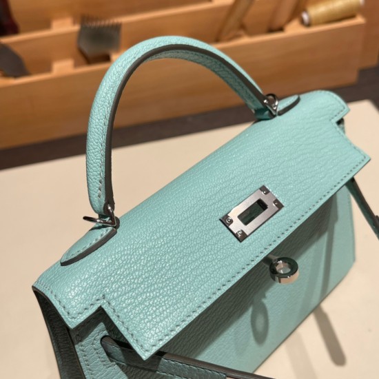 エルメスケリーミニ Kelly bag miniMini Kelly New stock  シェブルミゾル  Chevre アクア 79 /Aqua シルバー金具 kellymini-029 全手縫い