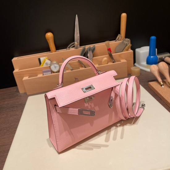 エルメスケリーミニ Kelly bag miniMini Kelly New stock  シェブルミゾル  Chevre ローズサクラ 3Q /Rose Sakura   シルバー金具 kellymini-033 全手縫い