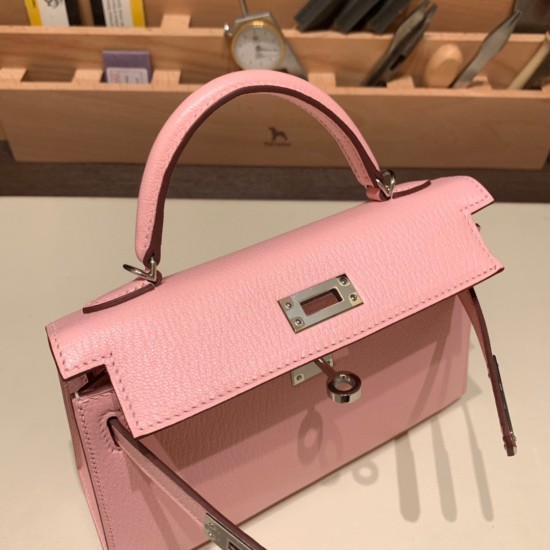 エルメスケリーミニ Kelly bag miniMini Kelly New stock  シェブルミゾル  Chevre ローズサクラ 3Q /Rose Sakura シルバー金具 kellymini-037 全手縫い