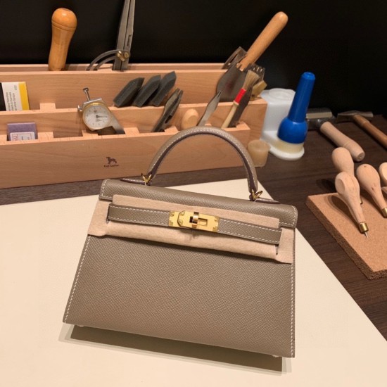 エルメスケリーミニ Kelly bag miniMini Kelly New stock  ヴォーエプソン Epsom グリエレファント 8C /Elephant Grey ゴールド金具 kellymini-040 全手縫い