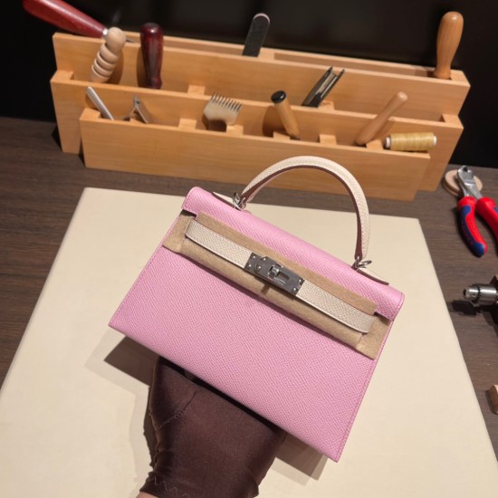 エルメスケリーミニ Kelly bag miniMini Kelly New stock  ヴォーエプソン Epsom モーヴシルベストル X9 /Mauve Sylvestre & クレ 10 /Craie シルバー金具 kellymini-055 全手縫い