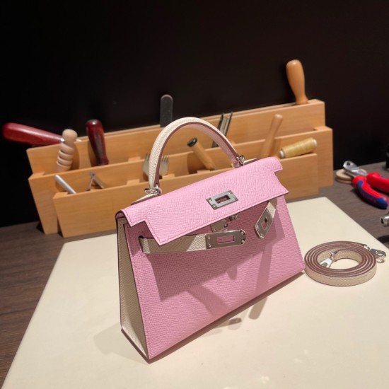 エルメスケリーミニ Kelly bag miniMini Kelly New stock  ヴォーエプソン Epsom モーヴシルベストル X9 /Mauve Sylvestre & クレ 10 /Craie シルバー金具 kellymini-055 全手縫い