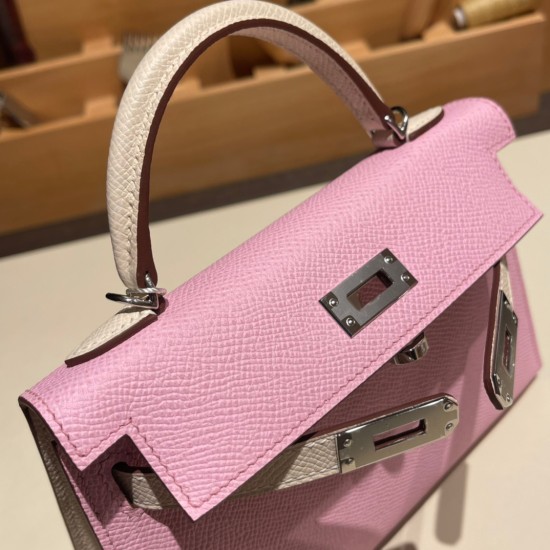 エルメスケリーミニ Kelly bag miniMini Kelly New stock  ヴォーエプソン Epsom モーヴシルベストル X9 /Mauve Sylvestre & クレ 10 /Craie シルバー金具 kellymini-055 全手縫い