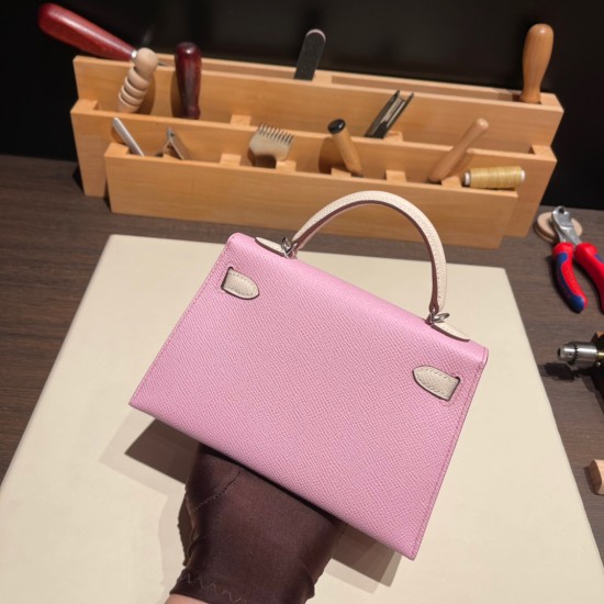 エルメスケリーミニ Kelly bag miniMini Kelly New stock  ヴォーエプソン Epsom モーヴシルベストル X9 /Mauve Sylvestre & クレ 10 /Craie シルバー金具 kellymini-055 全手縫い