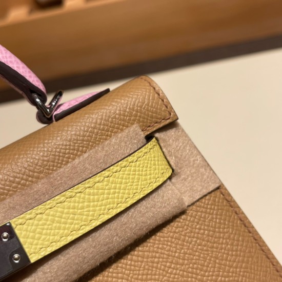 エルメスケリーミニ Kelly bag miniMini Kelly New stock  ヴォーエプソン Epsom チャイ0M/Cha & 9R/Lime & X9 /Mauve Sylvestre シルバー金具 kellymini-057 全手縫い