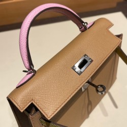 エルメスケリーミニ Kelly bag miniMini Kelly New stock  ヴォーエプソン Epsom チャイ0M/Cha & 9R/Lime & X9 /Mauve Sylvestre シルバー金具 kellymini-057 全手縫い