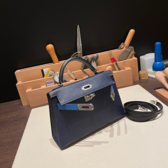 エルメスケリーミニ Kelly bag miniMini Kelly New stock  ヴォーエプソン Epsom ブルーサフィール 73 /Blue Saphir & ブルーフランス 71 /Blue France& 89/ Black シルバー金具 kellymini-070 全手縫い