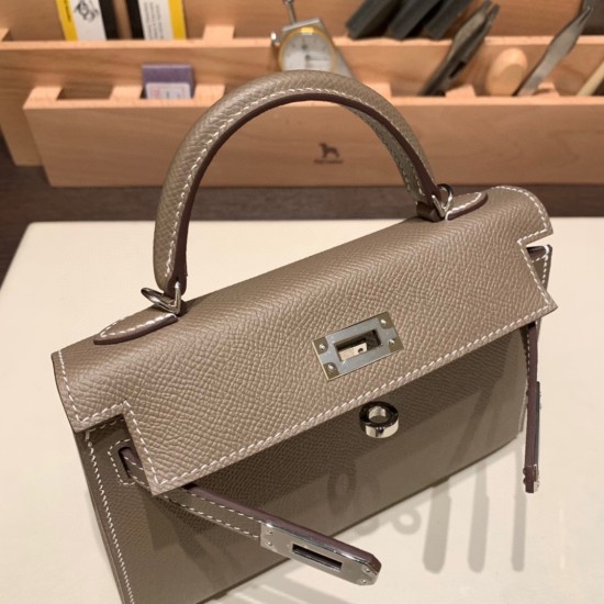 エルメスケリーミニ Kelly bag miniMini Kelly New stock  ヴォーエプソン Epsom エトゥープ18 /Étoupe Grey シルバー金具 kellymini-089 全手縫い