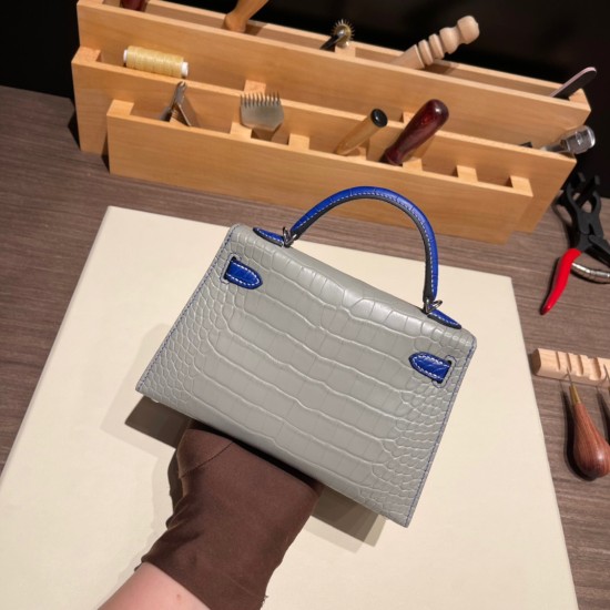 エルメスケリーミニ Kelly bag miniMini Kelly New stock  Alligateor パールグレー 80/ Pearl Grey& ブルーエレクトリック7T /Blue Electric シルバー金具 kellymini-101 全手縫い