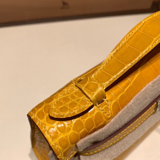 エルメス ポシェットケリー kelly pochette  Alligateor ジョーヌアンブル 9D /Jaune Ambre シルバー金具 Pochette--002 全手縫い