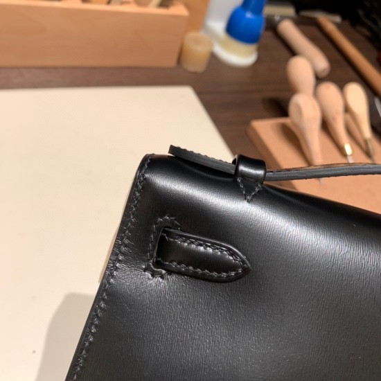 エルメス ポシェットケリー kelly pochette  box ボックスカーフ  ブラック 89 /Black (Noir) Black Hardware Pochette--006 全手縫い