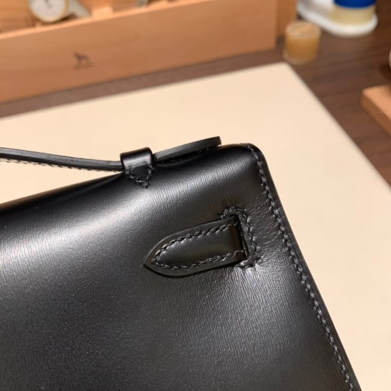 エルメス ポシェットケリー kelly pochette  box ボックスカーフ  ブラック 89/ Black (Noir) シルバー金具 Pochette--007 全手縫い