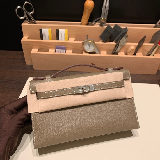 エルメス ポシェットケリー kelly pochette  Epsom ヴォーエプソン エトゥープ 18/Étoupe Grey シルバー金具 Pochette--021 全手縫い