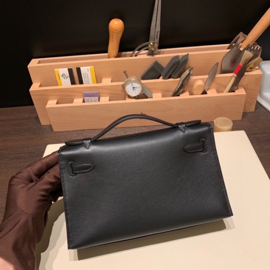 エルメス ポシェットケリー kelly pochette  swift スイフト ブラック 89 /Black (Noir) シルバー金具 Pochette--029 全手縫い