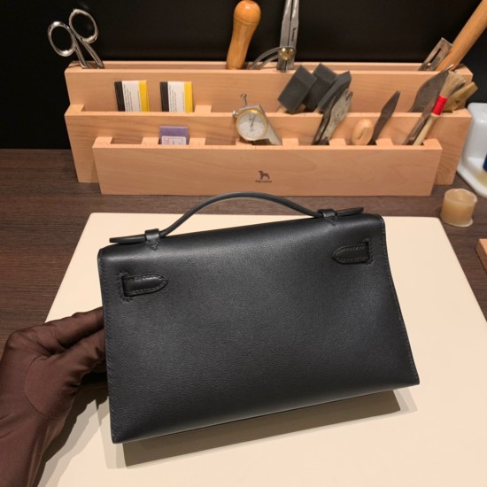 エルメス ポシェットケリー kelly pochette  swift スイフト ブラック 89/ Black (Noir) シルバー金具 Pochette--043 全手縫い